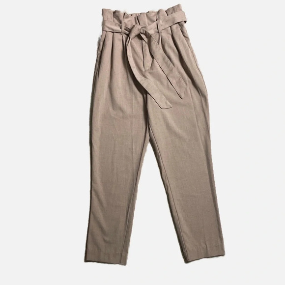 H&M Women’s Pants Trousers Paper Bag Pleated Waist Tie Size 2 Beige - Picture 1 of 8